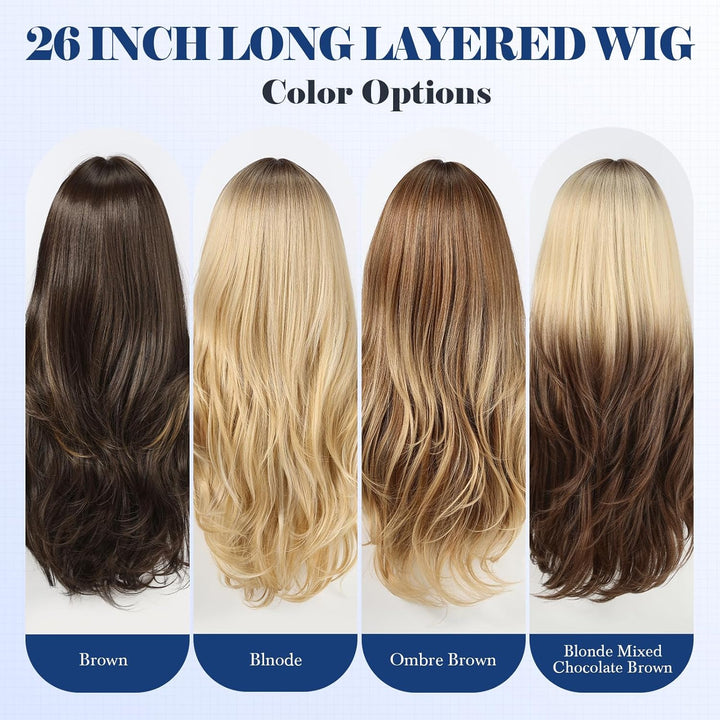 HAIRCUBE Lange Ombre-Perücke in Braun mit Pony, geschichtete lockige Perücken für Frauen, natürliche