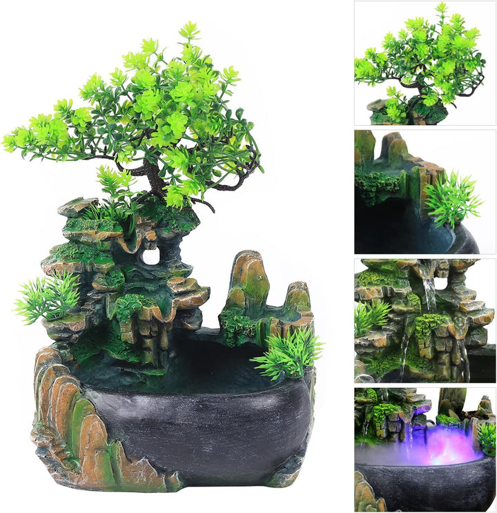 Zimmerbrunnen mit LED Beleuchtung Wasserfall Tischbrunnen Steingarten Desktop-Brunnen mit Nebel, Gar