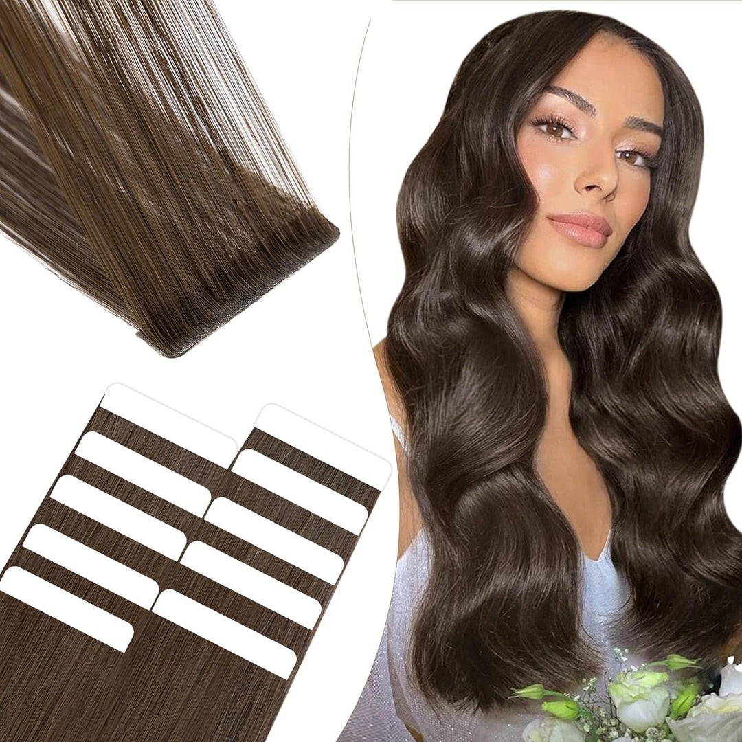 Elailite Tape Extensions Echthaar #2 Dunkelbraun, 10 Stück Unsichtbar Kleber Haarverlängerungen 20g,
