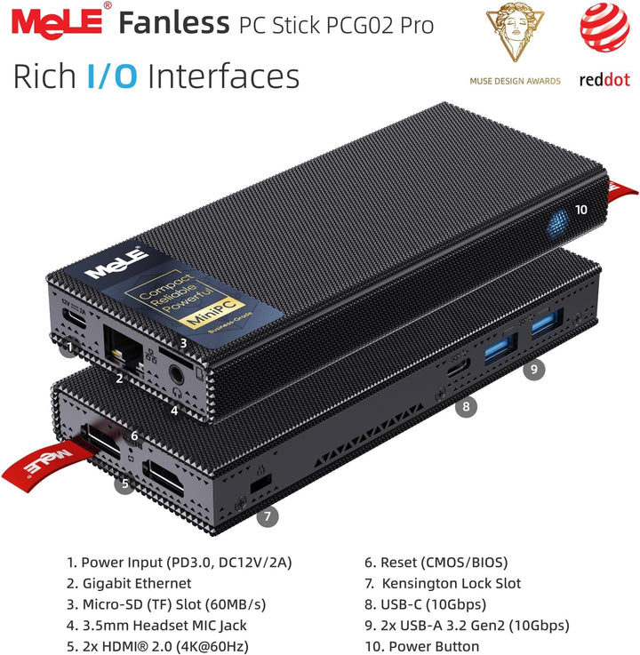 MeLE PCG02 Pro Lüfterloser Mini-PC Stick, Reddot Gewinner 2024, N100 8GB 128GB, Dual HDMI2.0, 4k 60H