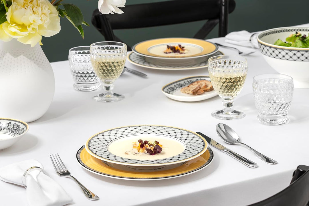 Villeroy und Boch Audun Chasse Suppenteller, 24 cm, Premium Porzellan, Weiss/Grau/Gelb 24 cm Landhau