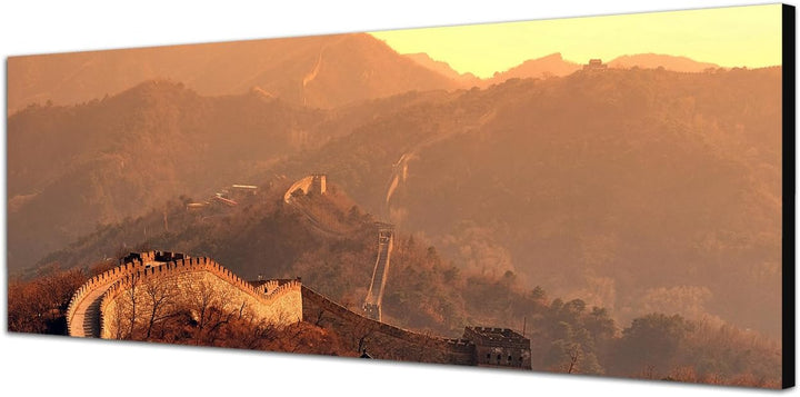 Paul Sinus Art Panoramabild auf Leinwand und Keilrahmen 120x40cm China Mauer Berge Sonnenaufgang Nat