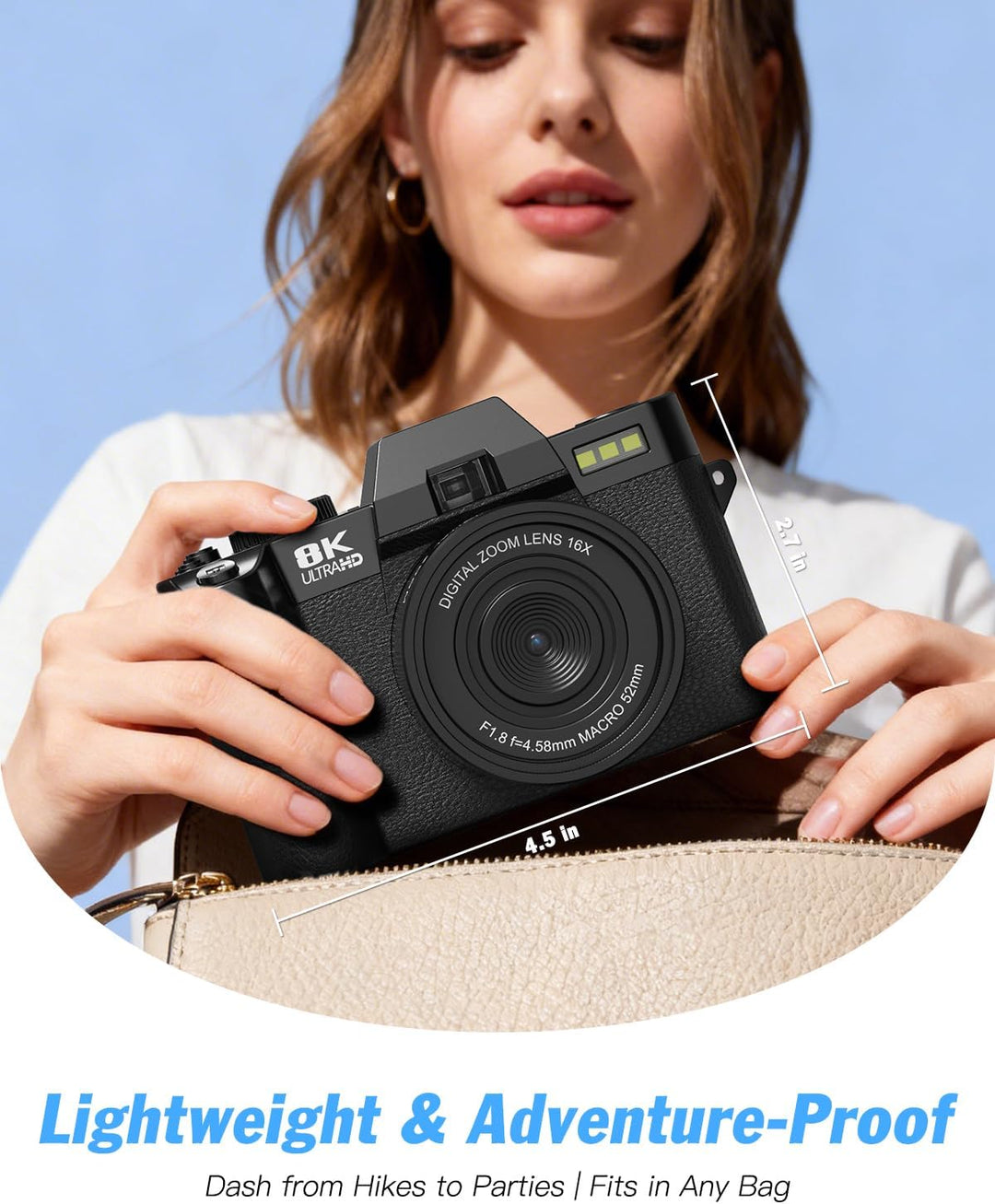 64MP 8K Digitalkamera mit drehbarem Display, 16X Digitalzoom, Autofokus, Anti-Shake, Kompaktkamera f