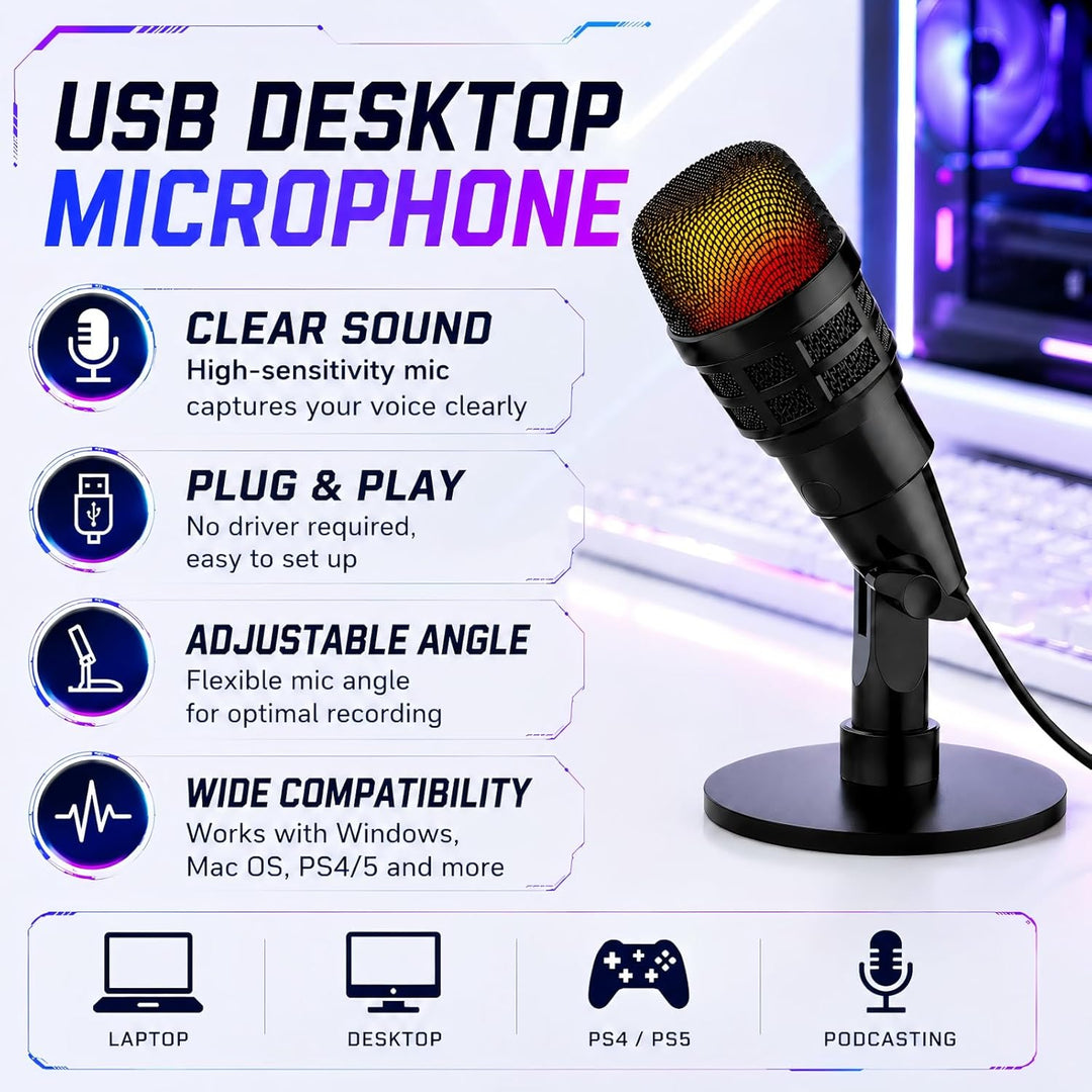 USB-Mikrofon mit RGB-Modi, Kondensatormikrofon für PC & Mac & Gesang, Gaming-Mikrofon für PS4/5, Plu