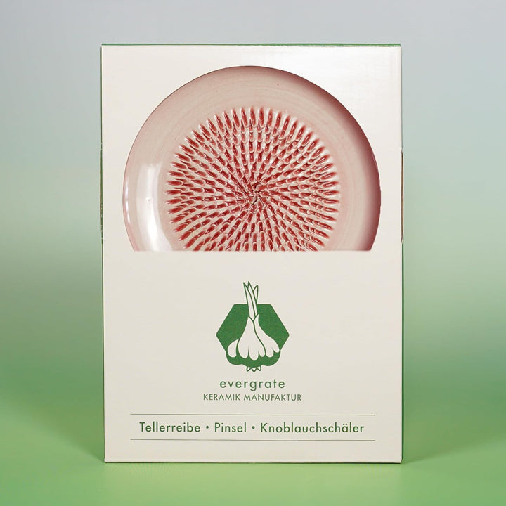 Evergrate® Keramikreibe Rosé mit Geschenkbox – mit Reibe, Knoblauchschäler, Rezeptheft & Pinsel – Ha