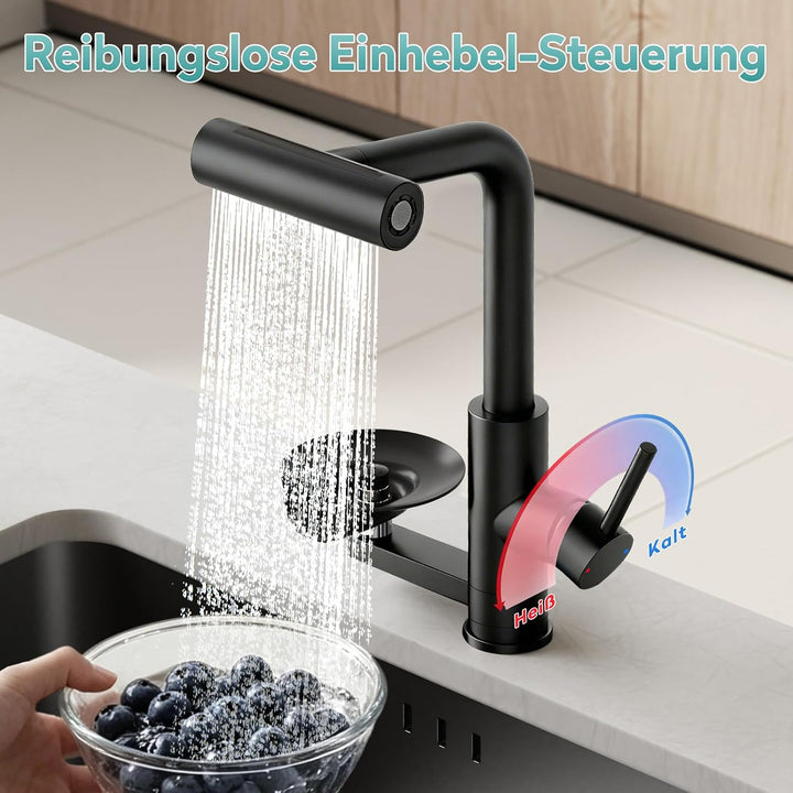 MIAOHUI Wasserhahn Küche mit Glasspüler, Schwarz | 4 Funktionen Armatur Küche Ausziehbar, Einhebel k