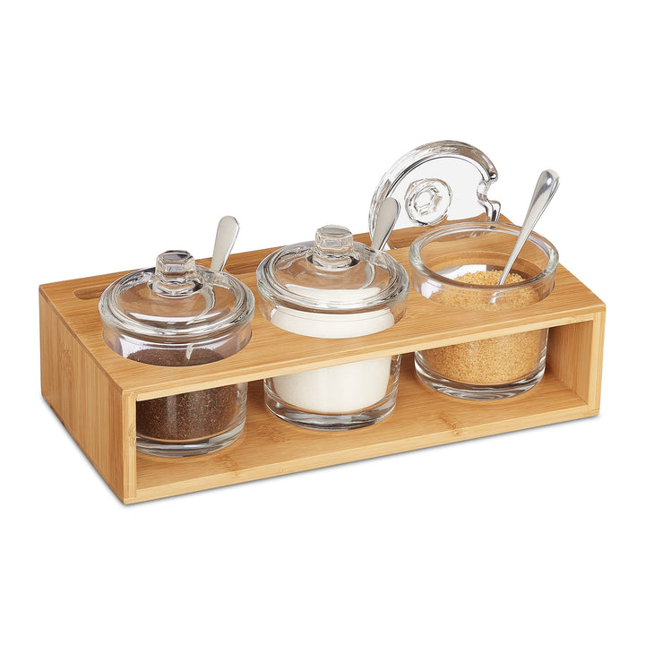 Relaxdays Gewürzgläser 3er Set, mit Bambus Halter, Glas Zuckerdose mit Löffel & Deckel, Salzbehälter