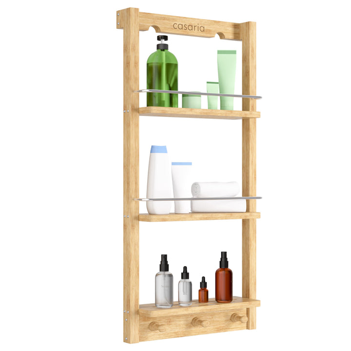 Casaria® Duschregal Zum Hängen 3 Ablagen 3 Haken 70x29x10cm Duschablage Hängend Badregal Bambus Holz