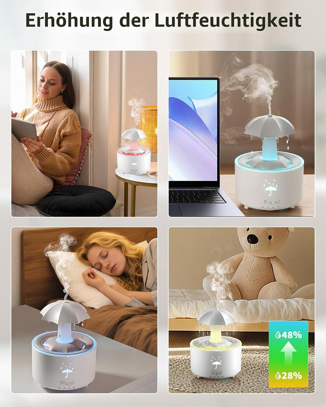 Luftbefeuchter Schlafzimmer 300ML, Aroma Diffuser Rotierender Regentropfen Humidifier Luft, 7-Farben
