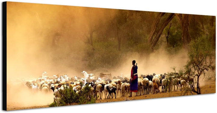 Paul Sinus Art Panoramabild auf Leinwand und Keilrahmen 150x50cm Afrika Hirte Schafherde Bäume Nebel
