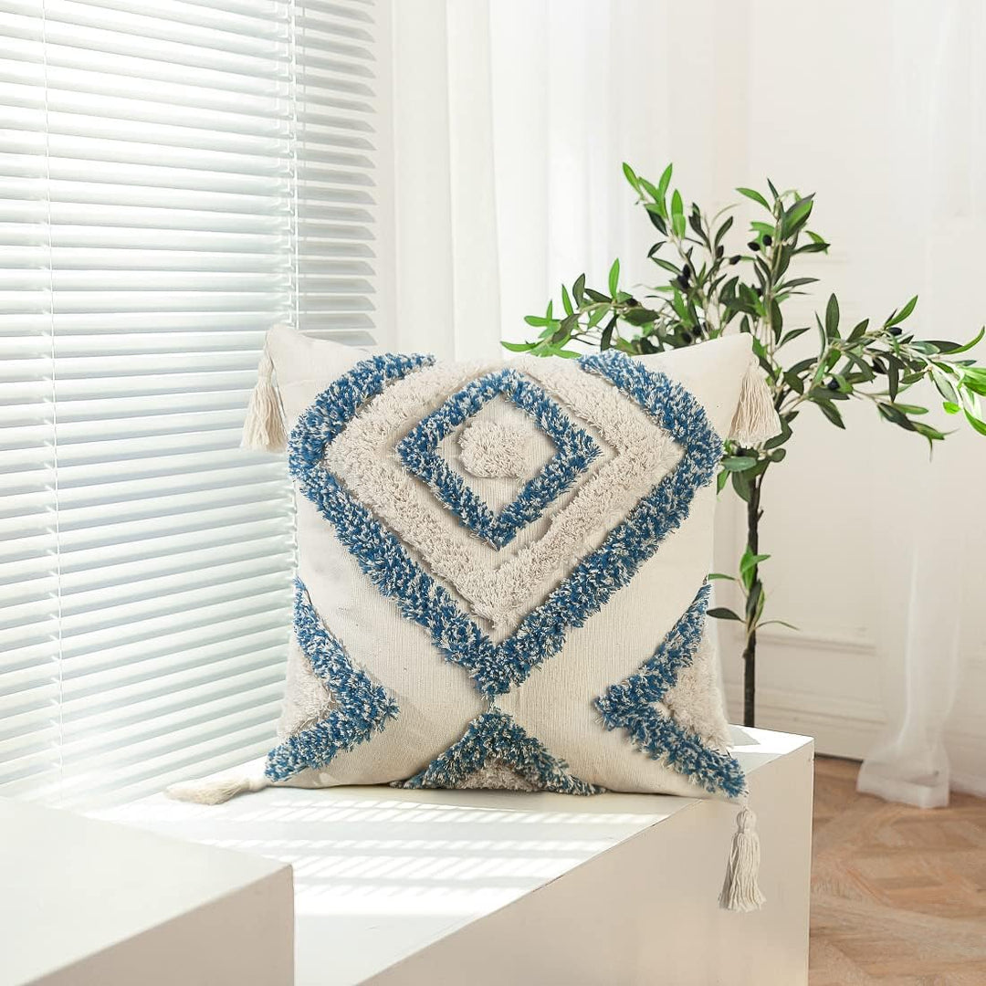 Jasen Dekorativer Boho-Kissenbezug, gewebt, getuftet, mit Quasten, Rautenmuster, für Couch, Sofa, Sc