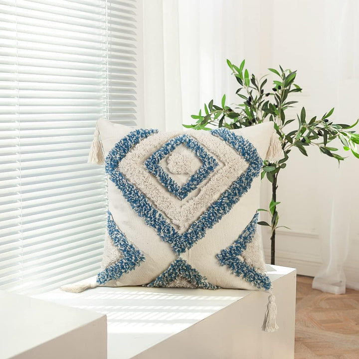 Jasen Dekorativer Boho-Kissenbezug, gewebt, getuftet, mit Quasten, Rautenmuster, für Couch, Sofa, Sc