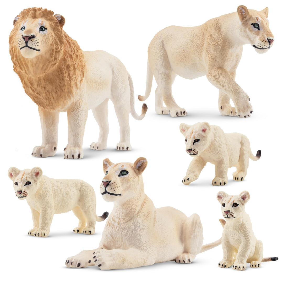 TOYMANY 6 Stück Weisser Löwe Tiere-Figuren mit Löwenbabys,Löwen Spielzeug Plastiktiere Zoo Wald Tier