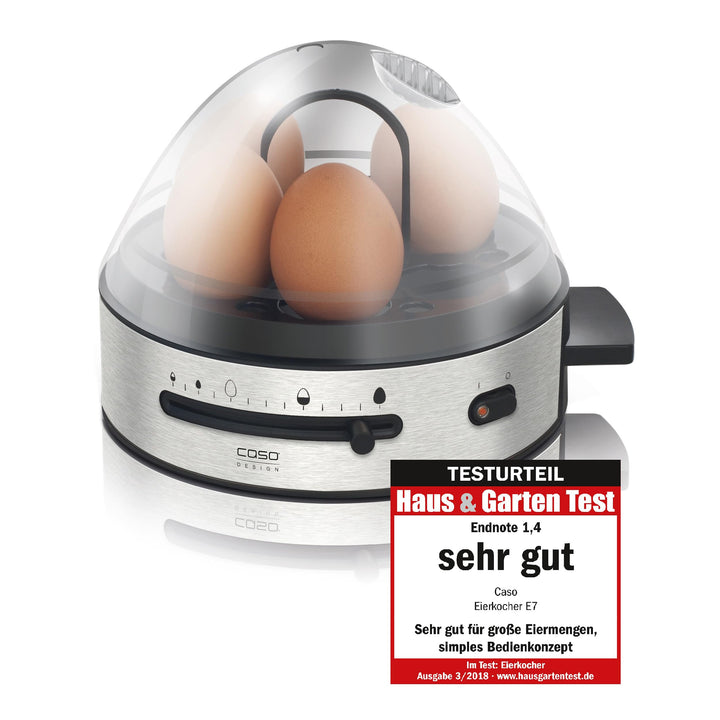 CASO E 7 - Design Eierkocher, elektronischer Eierkocher für bis zu 7 Eier, herausnehmbarer Eihalter,