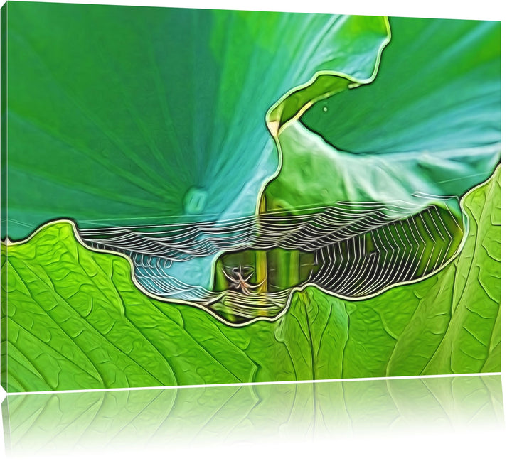 kleines Spinnennetz zwischen grossen Blättern NewArt Format: 100x70 cm auf Leinwand, XXL riesige Bil