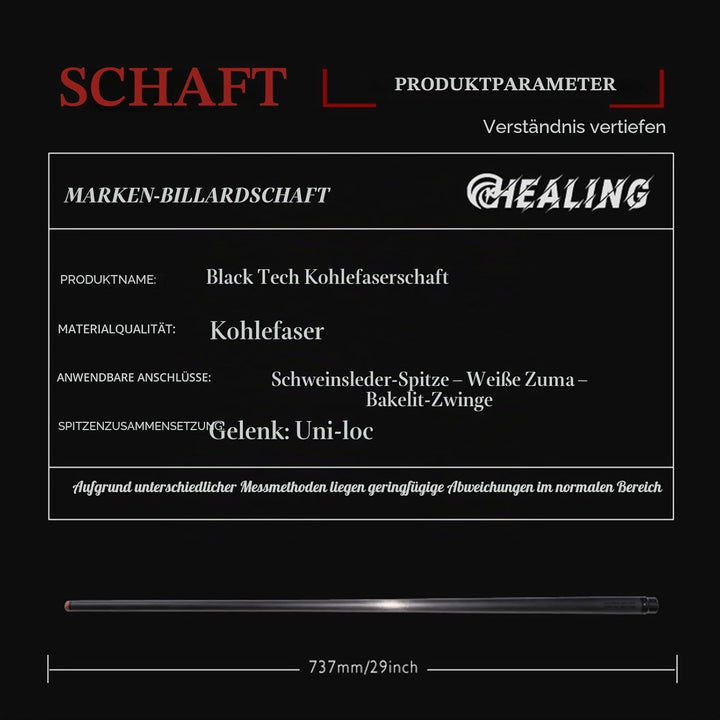 Der Schaft aus Kohlefaser hat einen Stirndurchmesser von 12,4 mm und eine Länge von 737 mm. Er passt