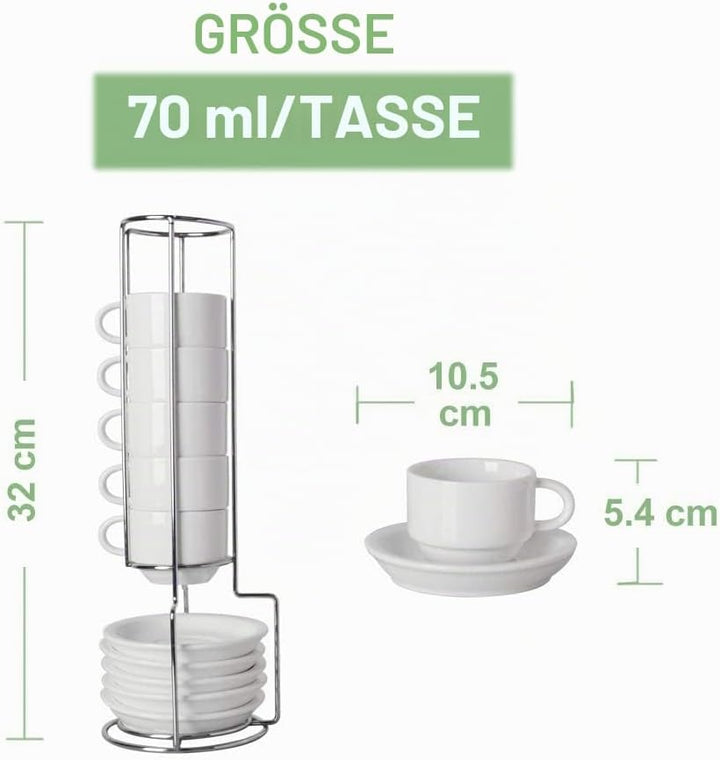 Sweejar Home Espressotasse und Untertasse, Porzellan, stapelbare Demitasse-Tassen mit Metallständer,