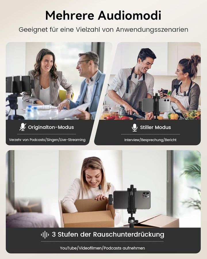 Kabelloses Lavalier Mikrofon mit Ladekoffer, 36h Akkulaufzeit, Rauschunterdrückung, 40m Reichweite,