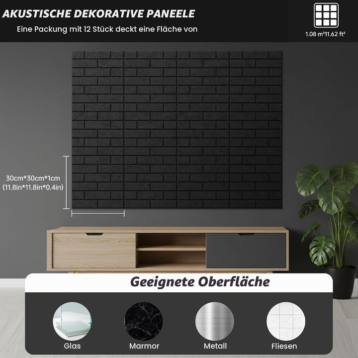 12-Piece Set Akustikpaneele, hochdichte quadratische Akustikfliesen, 12"×12"×0.4"grosse, ziegelstein