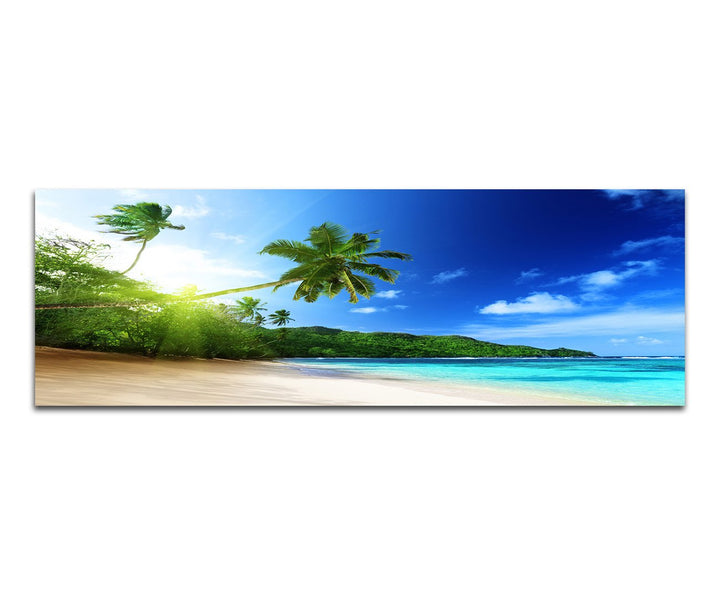 Panoramabild auf Leinwand und Keilrahmen 150x50cm Seychellen Meer Strand Palmen Abendsonne