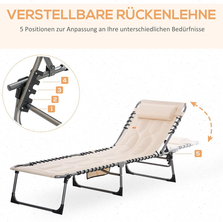 Outsunny Sonnenliege, klappbar Gartenliege mit Kopfkissen, Seitentasche, Liegestuhl mit 5-Fach verst