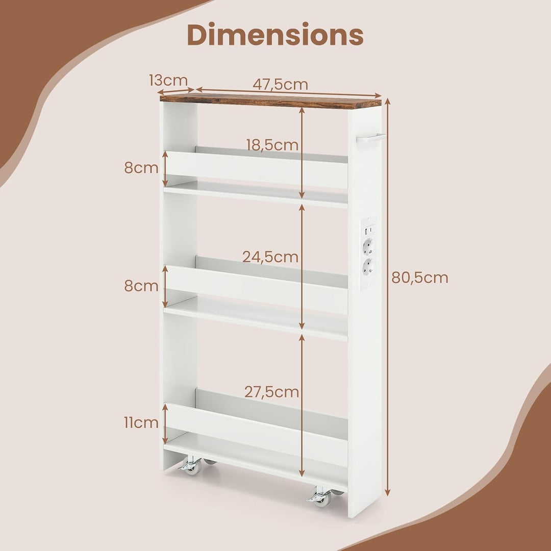 GIANTEX Nischenregal 13cm breit, Nischenschrank Nischenwagen mit Ladestation, Küchenregal auf Rollen
