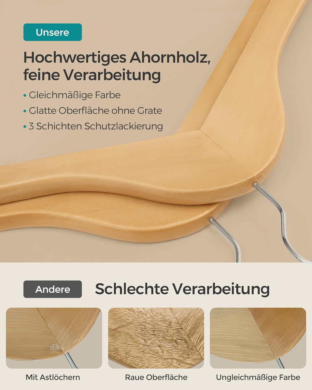 SONGMICS Kleiderbügel Holz, 20er Set, Bügel aus Massivholz, Einkerbungen im Schulterbereich, rutschf