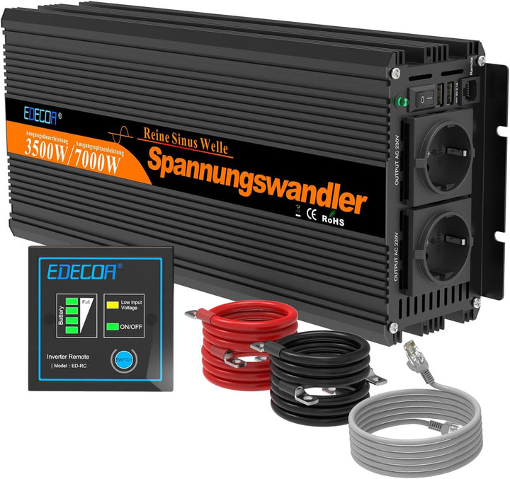 EDECOA Spannungswandler 3500w Reiner Sinus Wechselrichter 12v 230v mit 2X USB und Fernbedienung Span