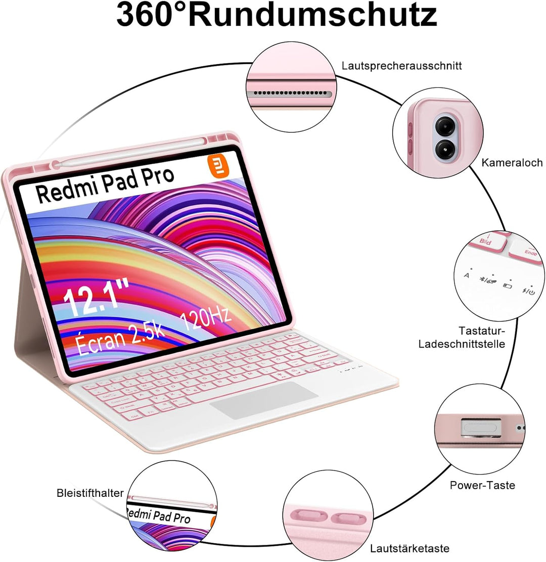 Xiaomi Redmi Pad Pro 12.1 Tastatur Hülle - Xiaomi Pad Poco 12.1 Zoll 2024, Multi Touch Trackpad, 7 F