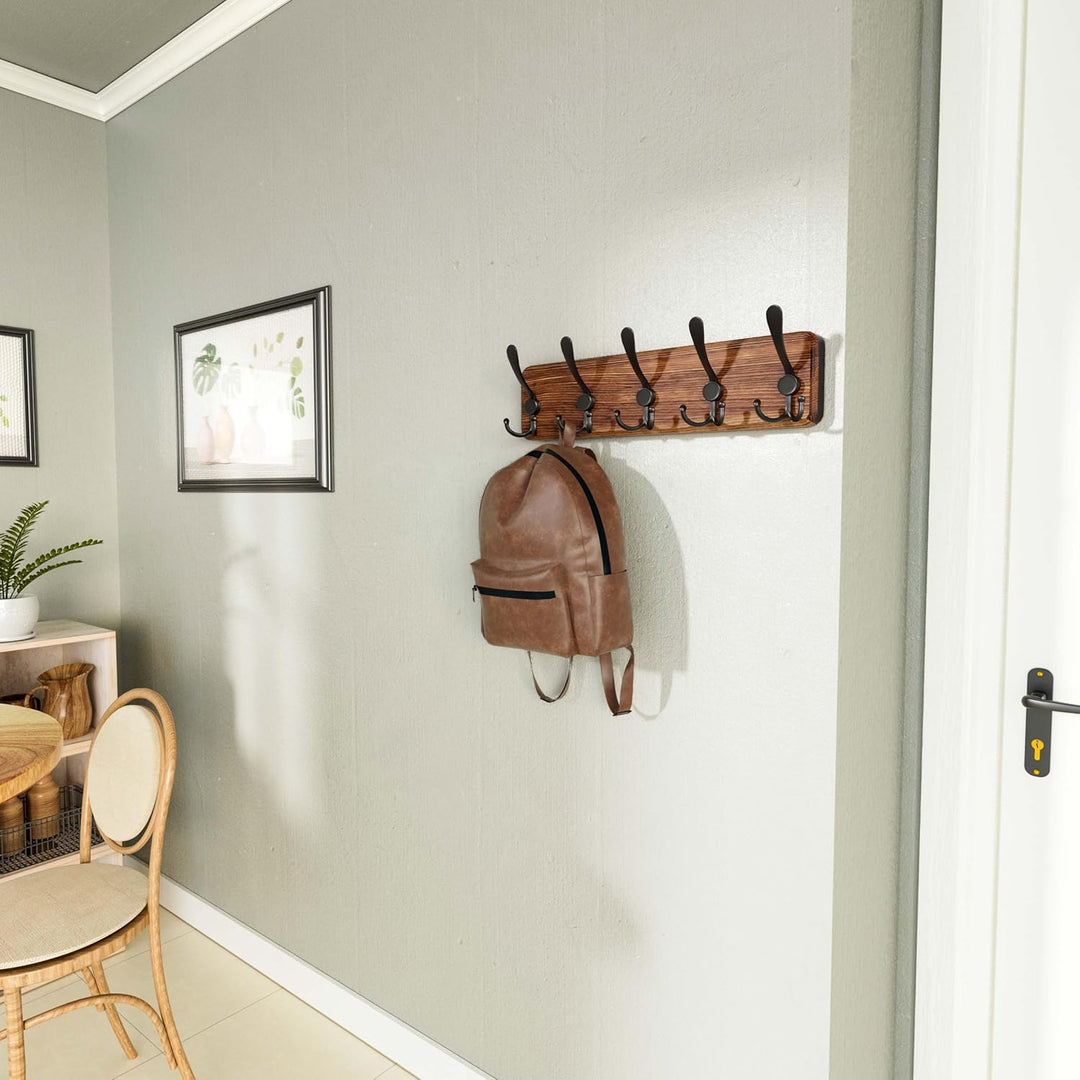 SKOLOO Garderobenleiste Holz, Vintage, Stabile Kleiderhaken Wand mit 5 Dreifachhaken, zum Aufhängen