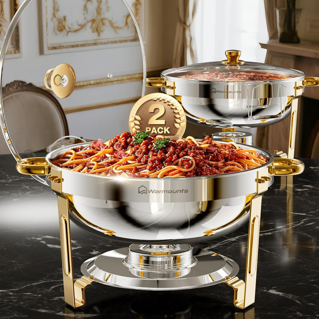 WARMOUNTS Silber & Gold Chafing Dish Buffet 5L 2er Set, Rund Speisenwärmer für Catering mit Glasdeck