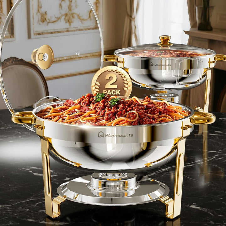WARMOUNTS Silber & Gold Chafing Dish Buffet 5L 2er Set, Rund Speisenwärmer für Catering mit Glasdeck