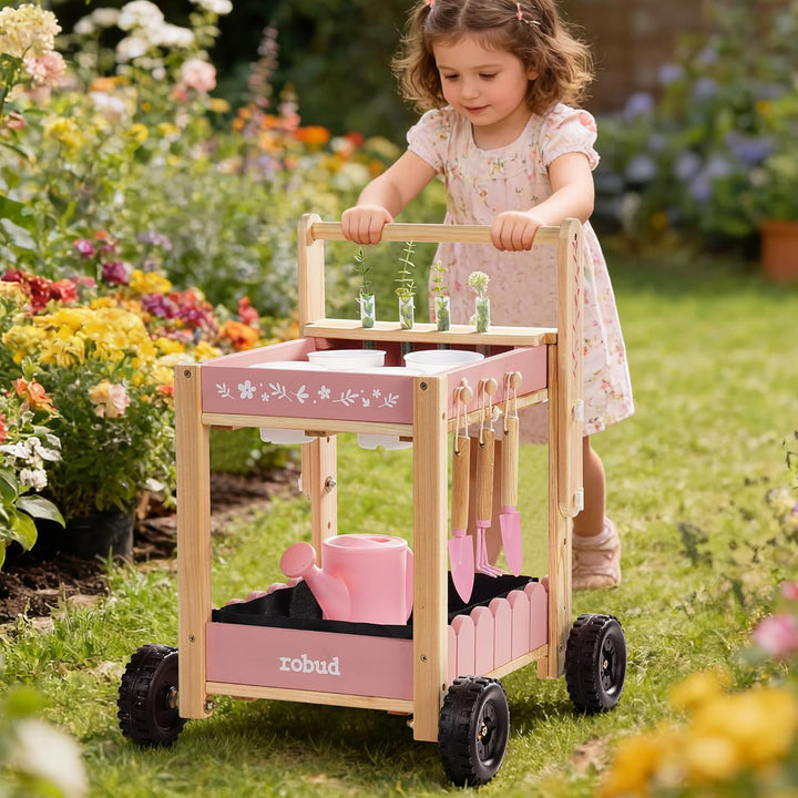 ROBUD Gartenwerkzeug Kinder mit Holzwagen, Gartenset mit Giesskanne, Schaufel, Handrechen, Pflanztöp