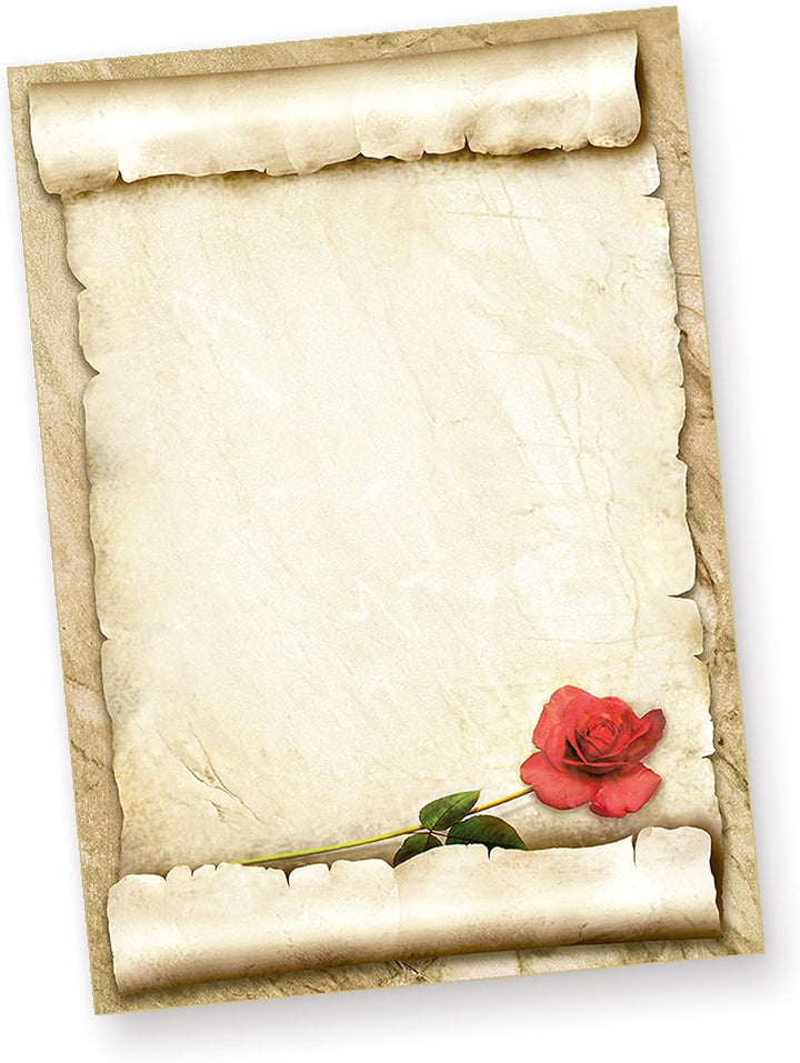 TATMOTIVE ROTE ROSE Briefpapier Set für Liebesbriefe (25 Sets) A4 Papier beidseitig + Umschläge Lieb