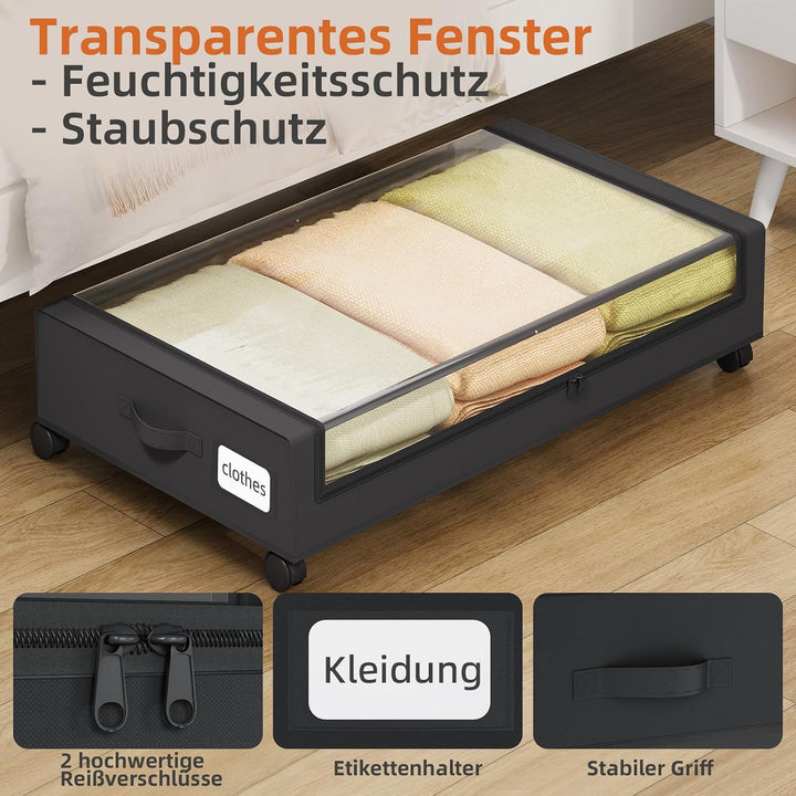 Somdot 4 Stück Schwarz 48L Unterbett Aufbewahrungsbox mit Deckel, Unterbettkommode mit Rollen, Aufbe