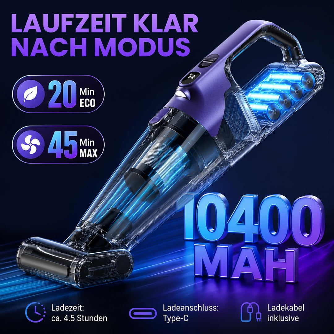 Tierhaar Handstaubsauger Akku 28000Pa mit Rotierende Bürstenrolle&amp;LED Licht | Stark Autostaubsauger