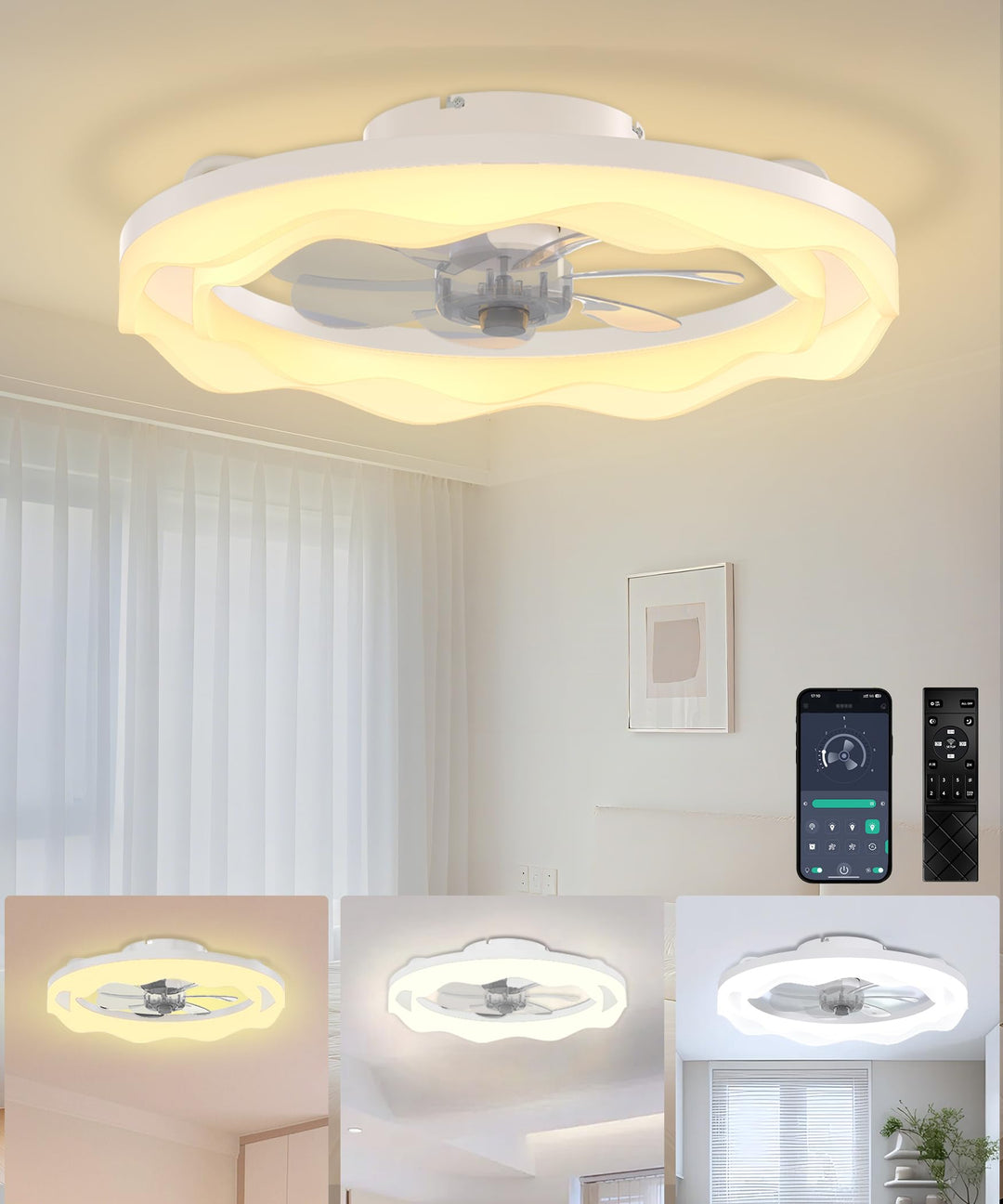 JAYNLT Deckenventilator mit Beleuchtung, Ø50CM Weiss Dimmbarer LED Deckenleuchte mit Ventilator 3000