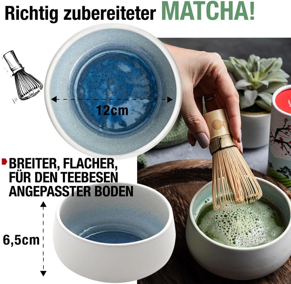 Origeens MATCHA SET MIT PULVER „AZUR“ - Handgefertigte Matcha-Schale (Portugal), Matcha-Besen, Bambu