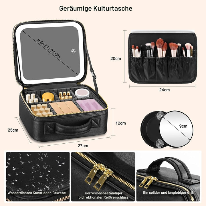 Reise-Schminktasche mit LED-Spiegel, Reise-Schminktasche mit beleuchtetem Spiegel, 3-Farben-Einstell