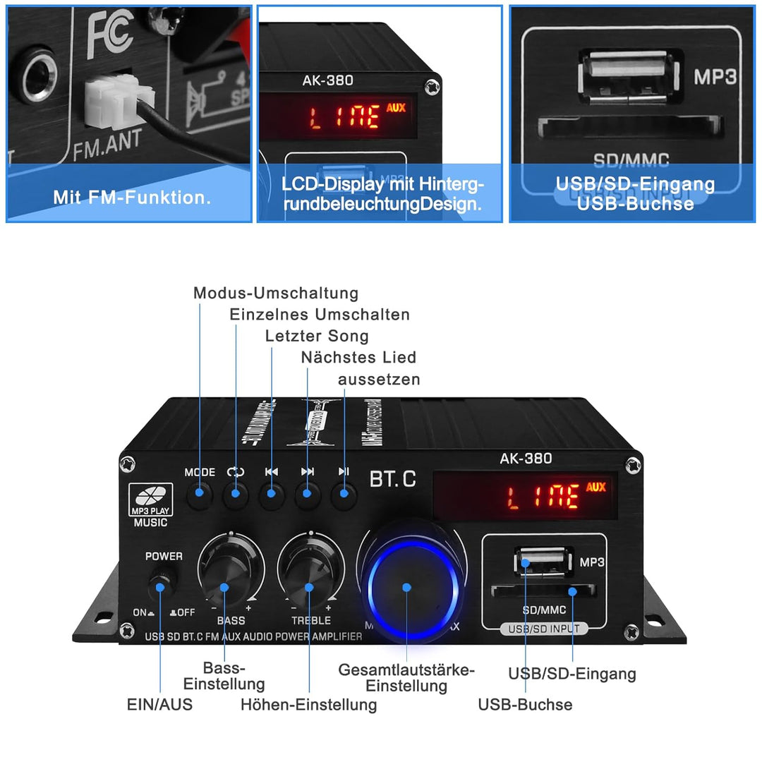 AK-380 Bluetooth 5.0 HiFi Verstärker 2.0-Kanal 40W x 2 Max. 400W Mini Verstärker Stereo Audio Leistu