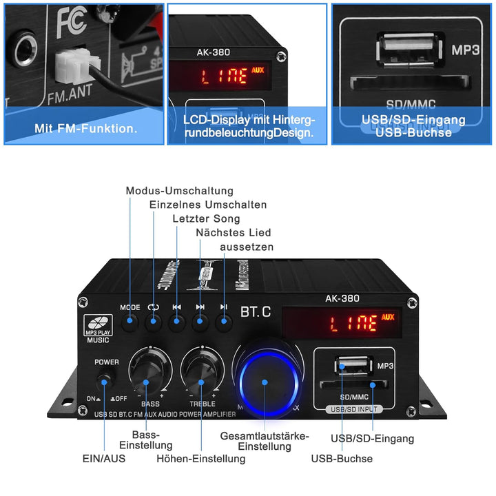 AK-380 Bluetooth 5.0 HiFi Verstärker 2.0-Kanal 40W x 2 Max. 400W Mini Verstärker Stereo Audio Leistu