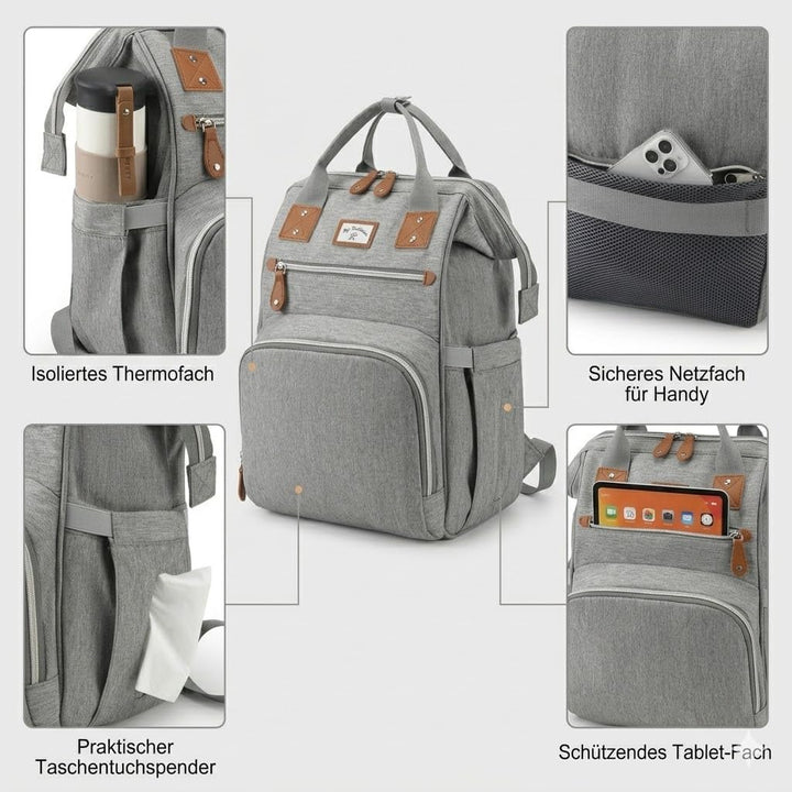 Wickelrucksack Gross inkl Wickelunterlage & Kühltasche, Modische Wickeltasche mit viel Stauraum, Was