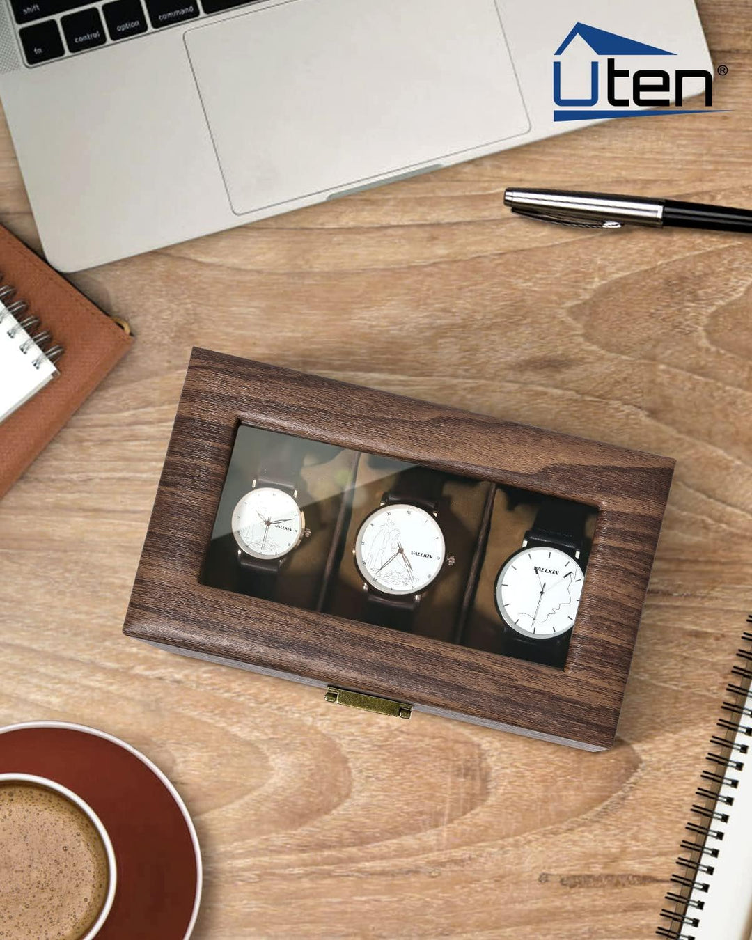 Uten Uhrenbox mit 3 Fächern, Uhrenbox mit Glasabdeckung, Uhrendisplay Aufbewahrungsbox für Damen und