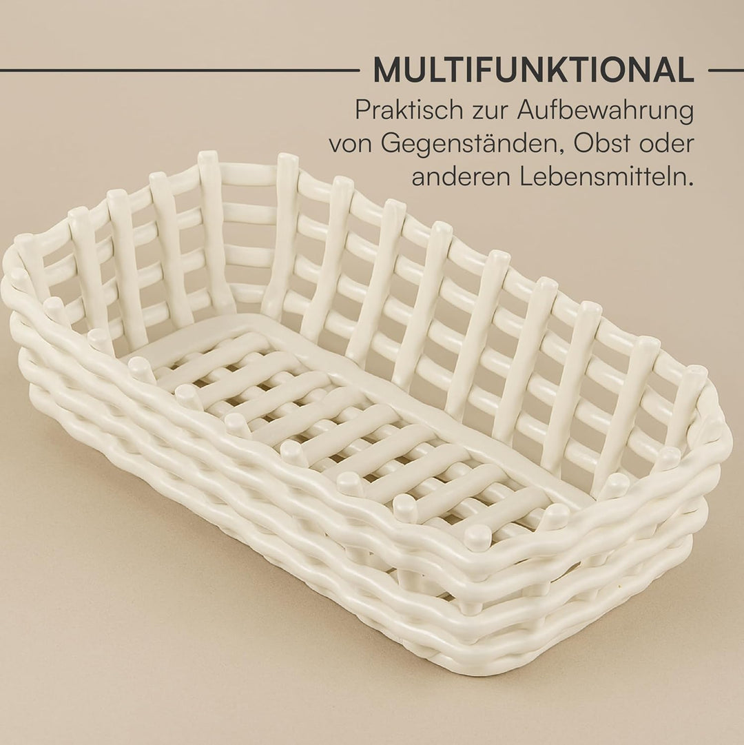 Baroni Home Mehrzweckkorb aus Keramik, Obstkorb, Tischdeko, Taschenleerer, rechteckig, weiss, 25 x 1