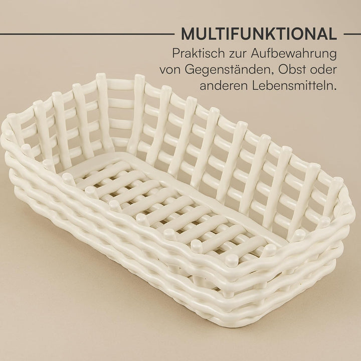 Baroni Home Mehrzweckkorb aus Keramik, Obstkorb, Tischdeko, Taschenleerer, rechteckig, weiss, 25 x 1