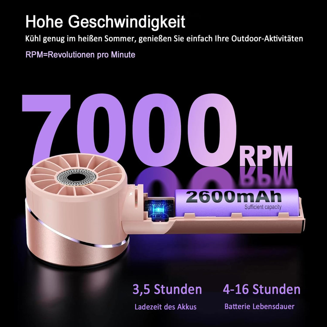Handventilator Akku Aufladbar, Mini Stark Ventilator mit 7000 rpm Hohe Geschwindigkeit, Kleiner Meta