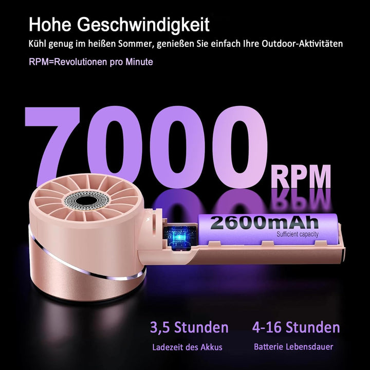 Handventilator Akku Aufladbar, Mini Stark Ventilator mit 7000 rpm Hohe Geschwindigkeit, Kleiner Meta