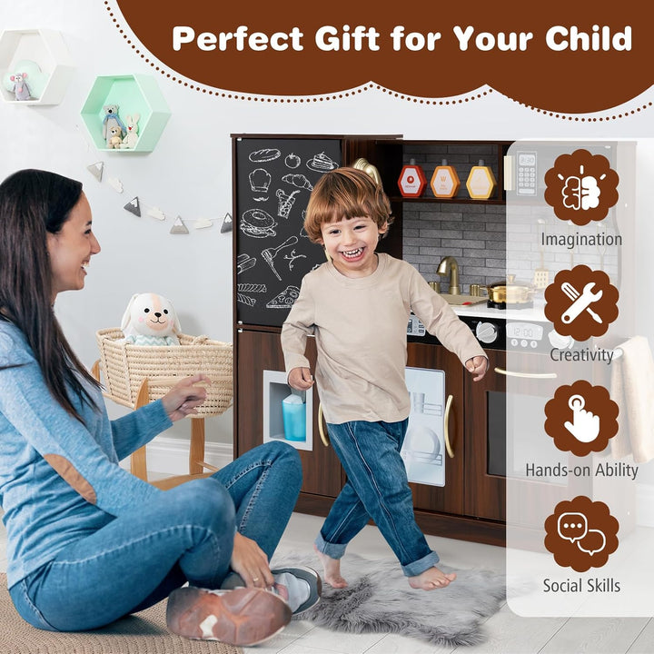 HOMASIS Spielküche mit 10 Zubehör, Kinderküche Holz, Spielzeugküche mit Tafel Spüle Herd Ofen Mikrow