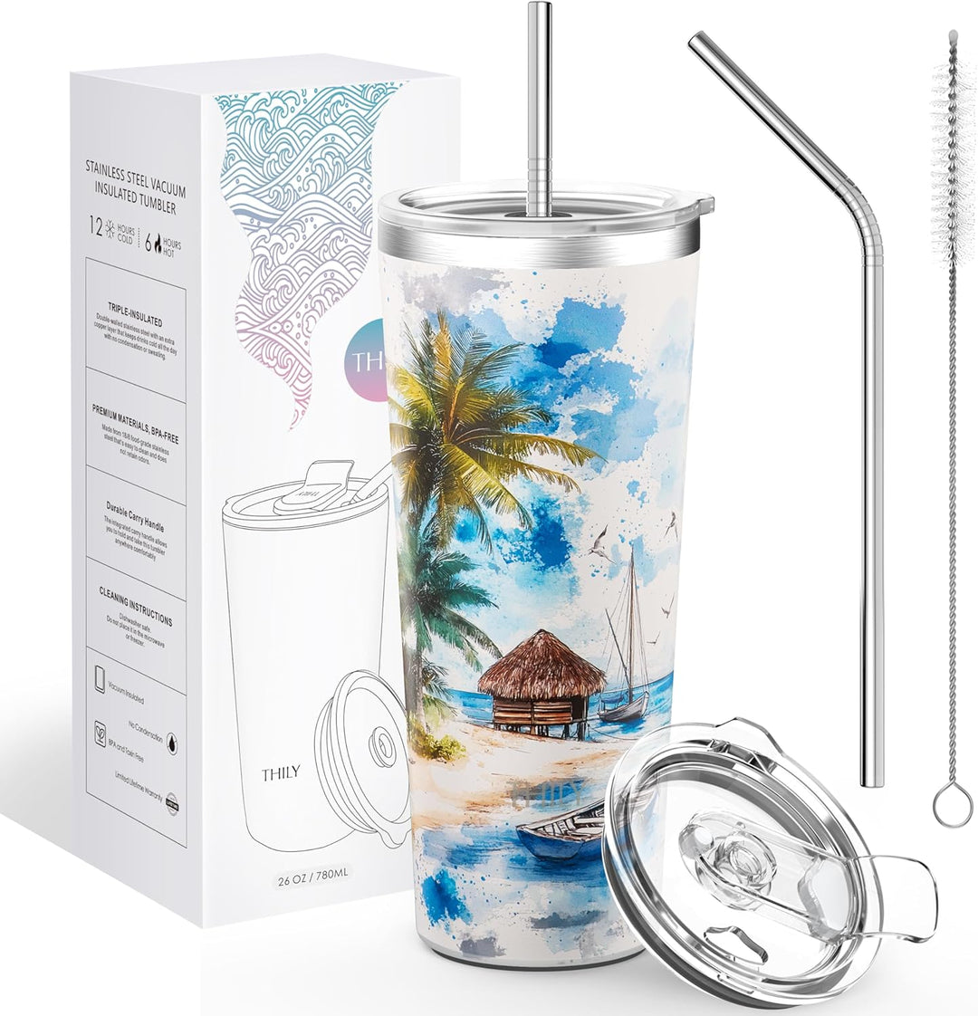 Vakuum-Isolierter Edelstahlbecher - THILY Reisebecher 780 ml Kaffeetasse mit 2 Deckeln und Strohhalm