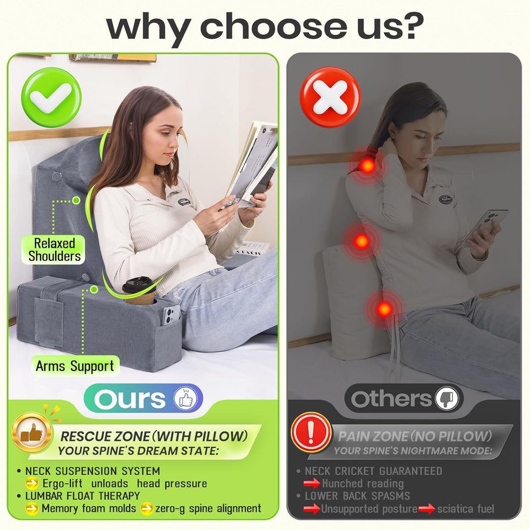 Lesekissen für Erwachsene - Rückenkissen fürs Bett mit abnehmbaren Armlehnen, Getränkehalter & Handy